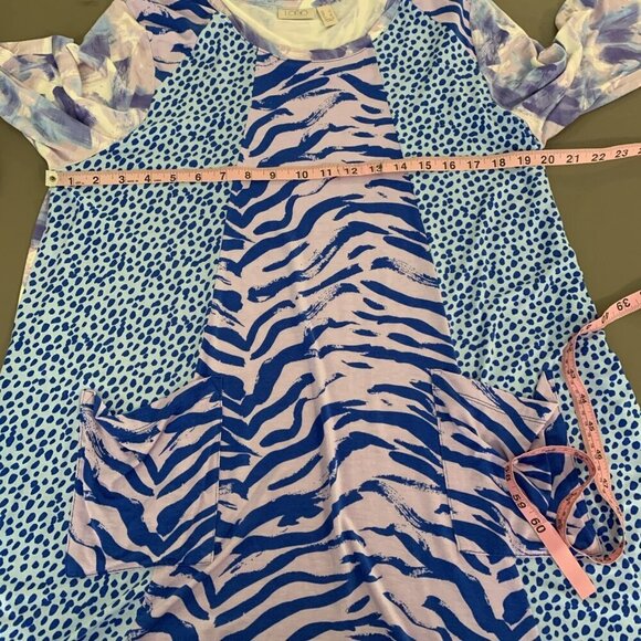 LOGO Lori Goldstein Womens L Tunic Top Sharkbite Hem Purple Animal Print Pockets - Picture 11 of 13
